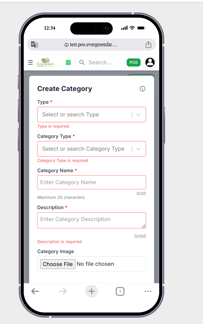 create category page show me the error message in Category Name AND description show me the error message near to the box