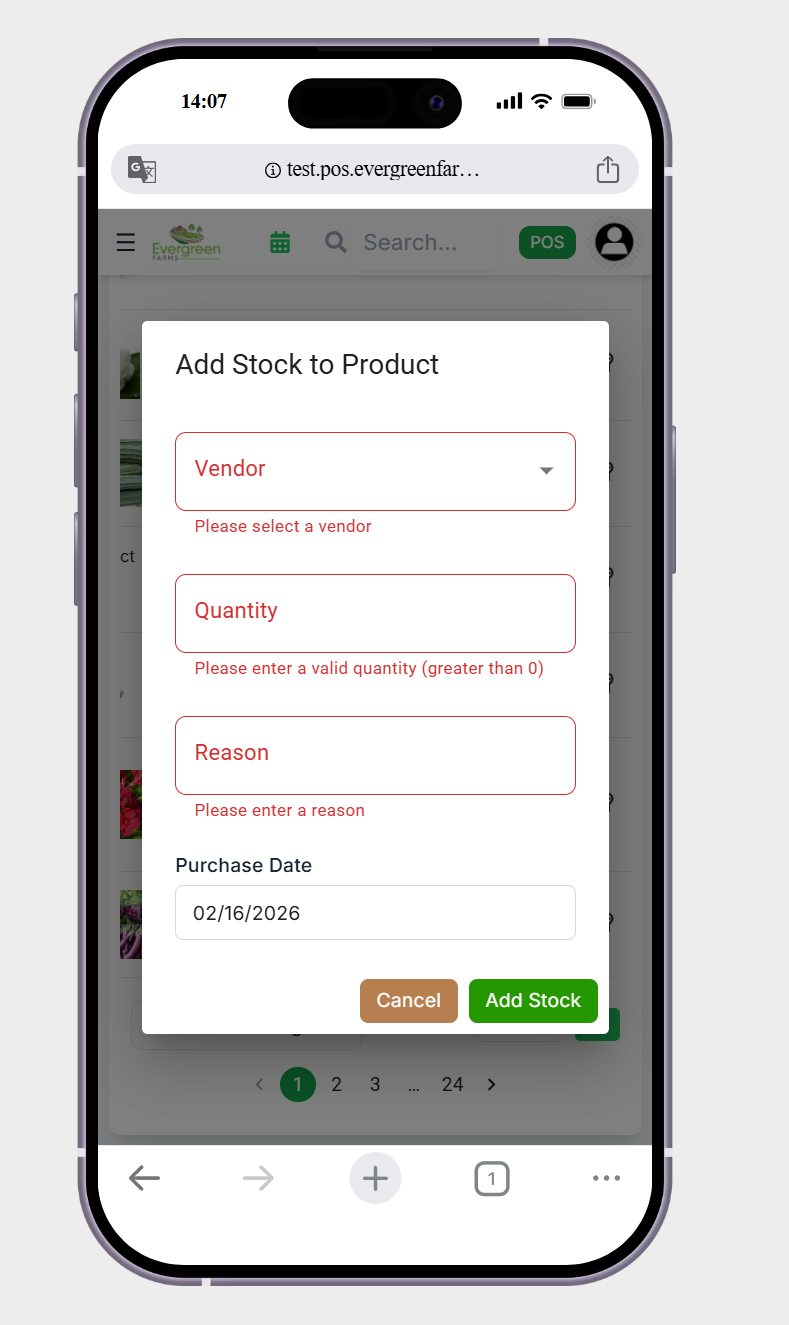 in products page in list page it have the Add stock button show me the mandatory field in Add Stock to Product