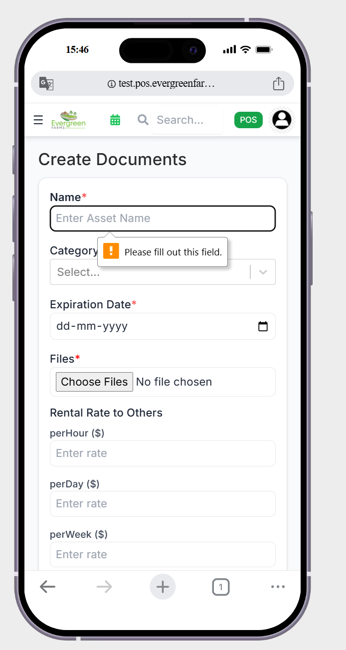 in create documents page the error message is not showing in text filed