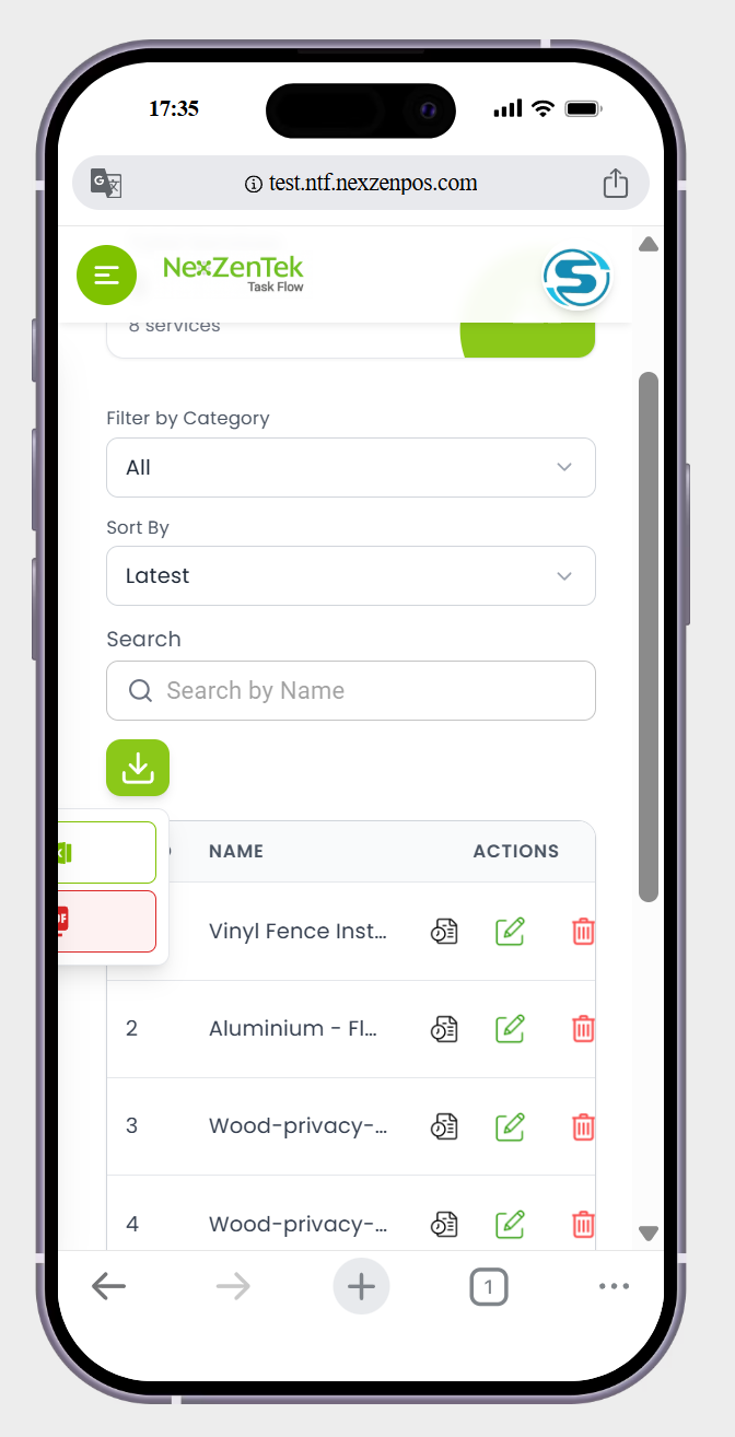 in service page show me the download opetions in perfectily