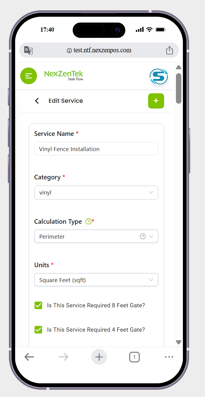 in edit service page remove the (+) button ->replace with (update)