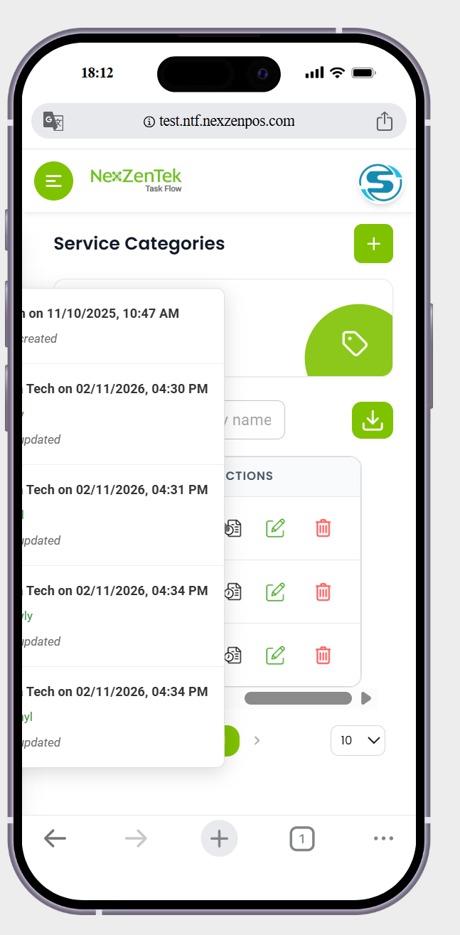 in service categories page action history is not showing perfectily