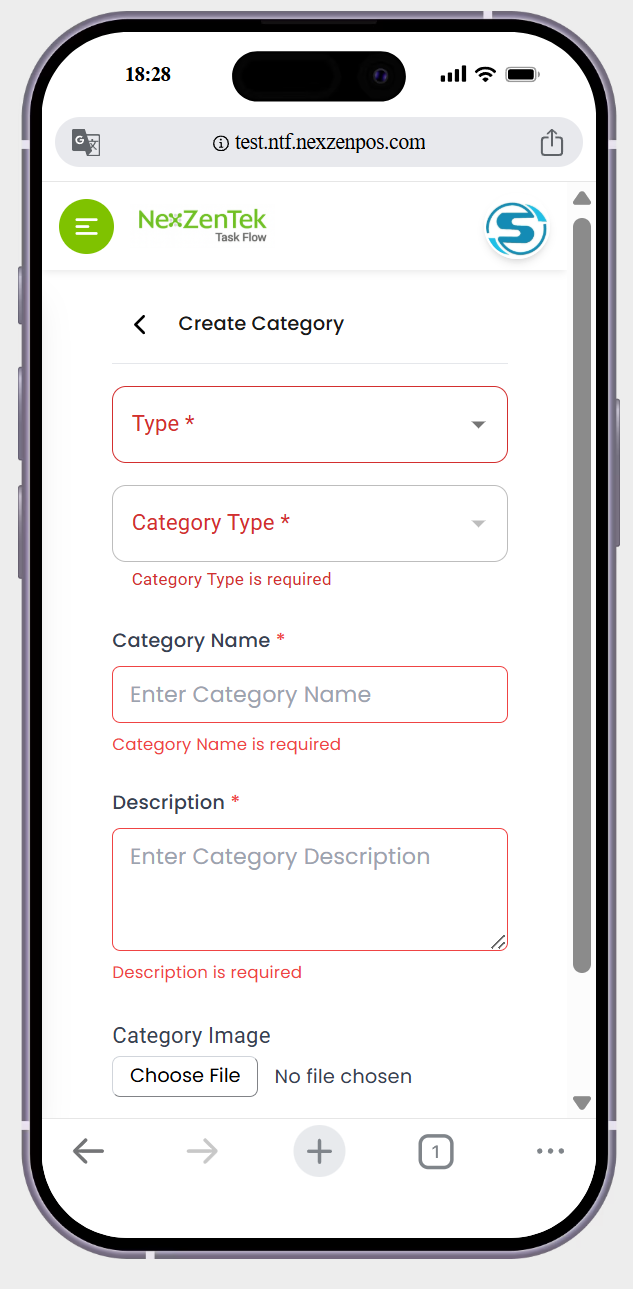 in create product category page->in type it not showing the error in text felid